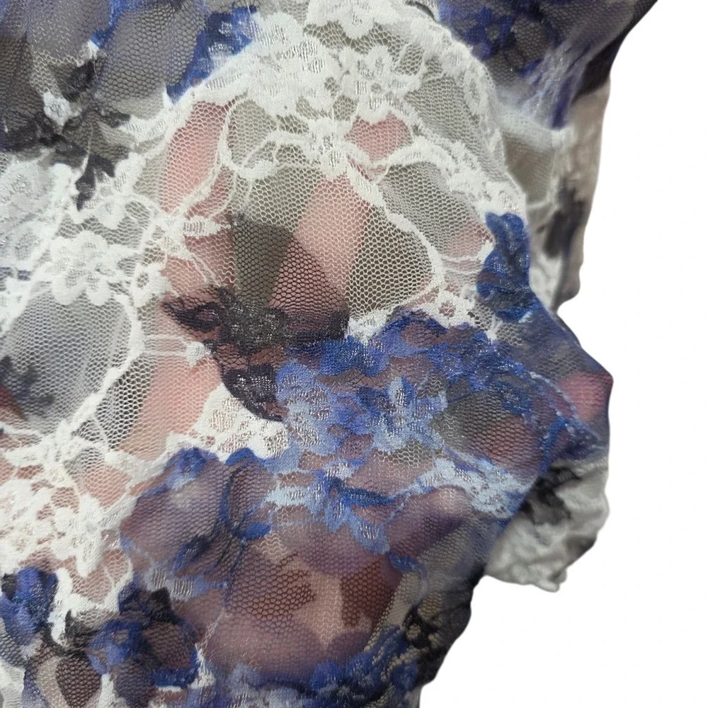 Floral Lace Mesh Peplum Top Blue White Sheer Cap Sleeve Y2K Coquette M Medium